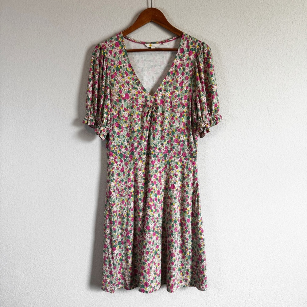 Boden Women's Floral Print Jersey Puff Sleeve Smocked Mini Dress Size 10